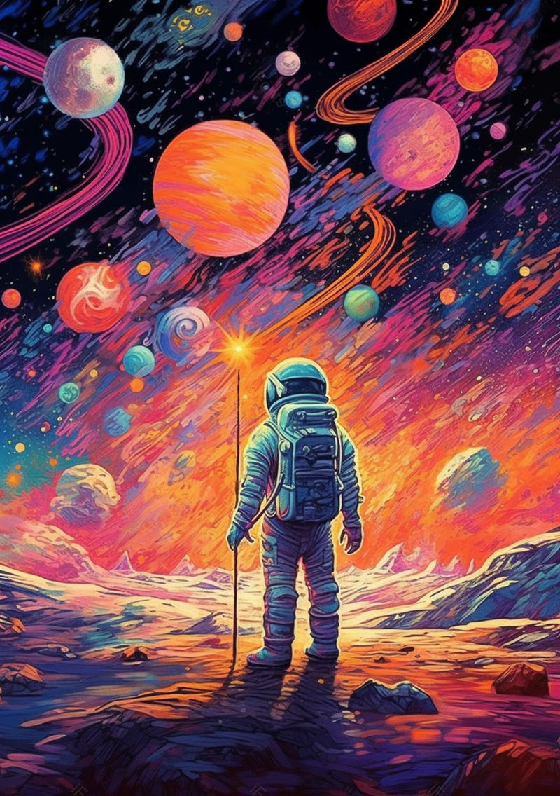 丰富色彩的宇宙中宇航员背影手绘插画图,插画/手绘图,插画/手绘图库,插画/手绘图下载,插画/手绘